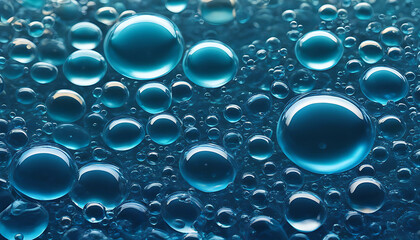 Close-up macro photo of water droplets on a blue surface, showcasing their spherical shapes and reflective properties