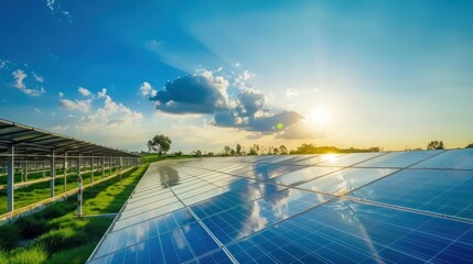 Wall Mural - Solar panels reflecting the sky in a solar power plant. 