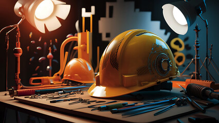 A Yellow safety helmet on the desk  and tools at the site