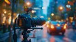 © Janejira - Modern DSLR camera setup for outdoor video production, capturing candid street moments with a twilight ambiance and dreamy bokeh