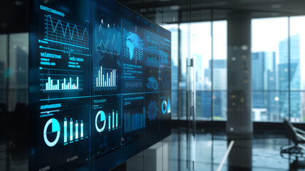 Poster - business data statistics display on modern office glass wall, sales growth data, business analysis, office business  background 