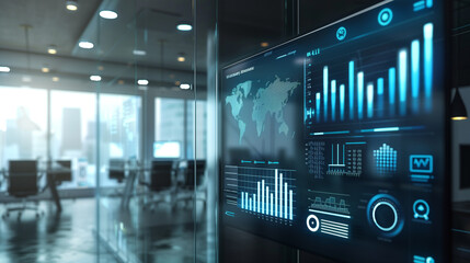 Poster - business data statistics display on modern office glass wall, sales growth data, business analysis, office business  background 