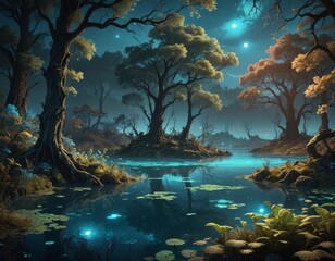 Wall Mural - A swampy landscape with lily pads growing in the water. 