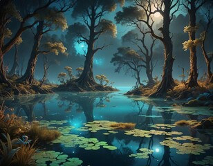 Wall Mural - A swampy landscape with lily pads growing in the water. 