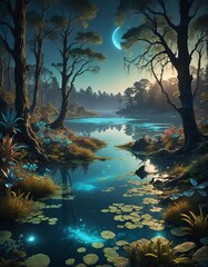 Wall Mural - A swampy landscape with lily pads growing in the water. 