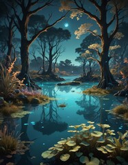 Wall Mural - A swampy landscape with lily pads growing in the water. 