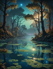 Wall Mural - A swampy landscape with lily pads growing in the water. 
