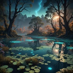 Wall Mural - A swampy landscape with lily pads growing in the water. 