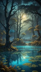 Wall Mural - A swampy landscape with lily pads growing in the water. 