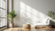© Noviana - Minimalist living room interior with white sofa and large window, natural light. Concept of modern home decor, tranquility, and simplicity.