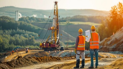 Wall Mural - Engineers monitoring fracking activities on-site. 