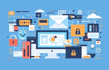 Poster - Flat vector illustration of computer, file and lock icons with security concept