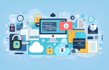 Poster - Flat vector illustration of computer, file and lock icons with security concept
