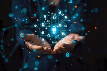 Poster - A man holding digital security icons and a padlock on a virtual screen, symbolizing the concept of online data protection technology.