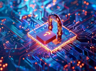 Poster - Cyber security and data protection concept with lock symbol on blue circuit board background, AI technology business security network system security