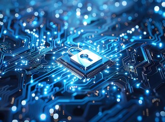 Poster - Cyber security and data protection concept with lock symbol on blue circuit board background, AI technology business security network system security