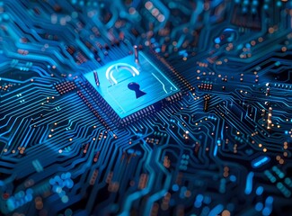 Poster - Cyber security and data protection concept with lock symbol on blue circuit board background, AI technology business security network system security