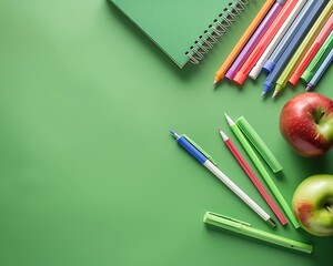 Wall Mural - School Supplies Arranged on Green Background