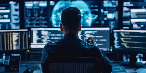 Poster - A cybersecurity expert analyzing network security, highlighting the importance of digital protection