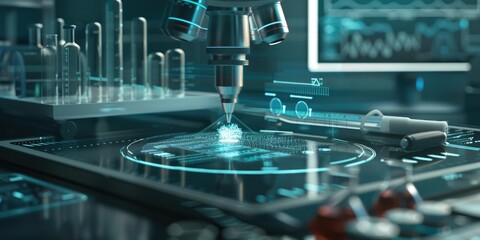 Poster - Cutting-edge lab with microscope and computer displaying brain scans and DNA analysis in advanced research. AIG62
