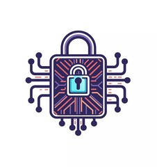 Poster - flat vector logo of key, circuit board, white background, simple minimalist style,