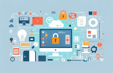 Poster - Flat vector illustration of computer, file and lock icons with security concept