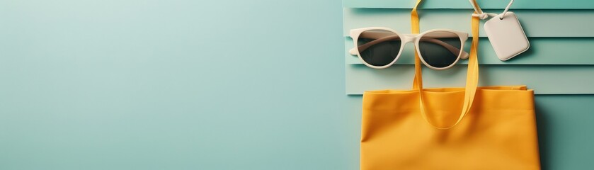 Yellow tote bag with sunglasses on green wood background.