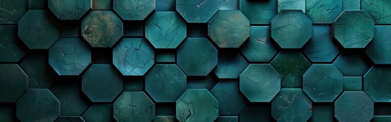 Dark Green Hexagonal Tile Panorama - Modern Abstract Seamless Background Banner with Mirror Effect and Textile Texture