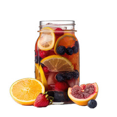 Wall Mural - Jar of Red, White, and Blue Sangria With Fresh Berries and Citrus Slices Floating in the Drink. Isolated on a Transparent Background. Cutout PNG.