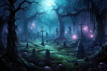 Wall Mural - Glowworm Grotto: Enchanted Graveyard of Whispers Fantasy  wallpaper