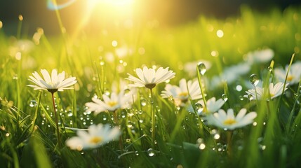Wall Mural - Dew-covered grass and blooming daisies at sunrise, 