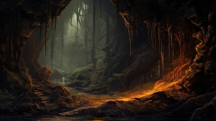 Goblins exploring an enchanted cave of mystery and magic. Fantasy  wallpaper