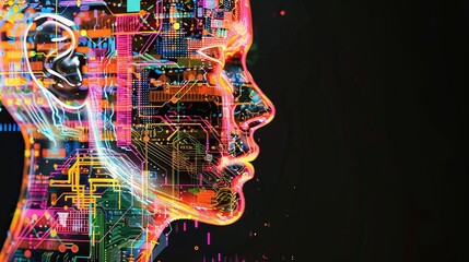 Abstract artwork of human head silhouette with circuit board design