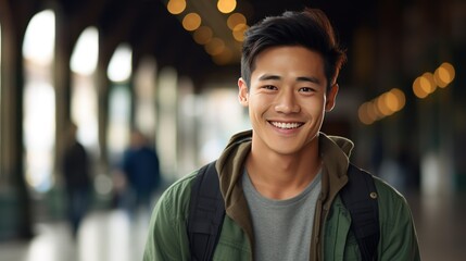 Smiling Asian male in casual attire, urban background, 