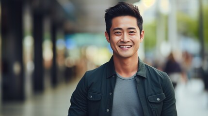 Smiling Asian male in casual attire, urban background, 
