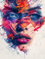 a woman's face is transformed into a captivating display of abstract geometric shapes and colorful splashes, embodying modern design elements.