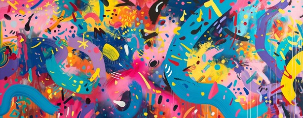 Explosive Graffiti And Abstract Art: A Symphony Of Vibrant Colors, Dynamic Shapes, And Musical Elements, A Colorful Graffiti Wall Abstract With A Variety Of Shapes And Colors, Banner, Cover, Wallpaper