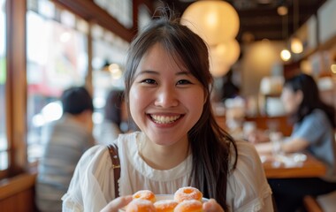 Cute Asian woman beams with joy, holding up dessert bakery and showcasing a plate of additional treats. The cafe's softly blurred, naturally lit interior adds to the scene's charm.