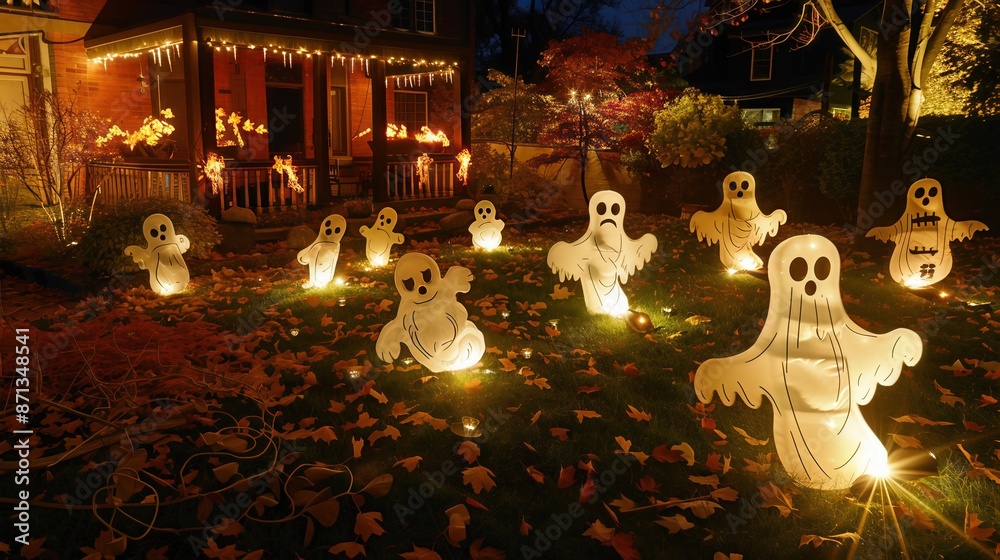 Spooky ghost decorations in a yard, Halloween flat design, front view ...