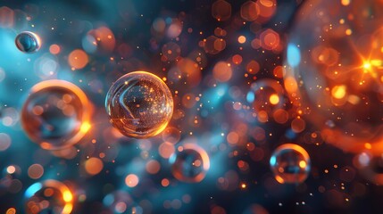 Poster - abstract image of floating bubbles with a mix of blue and orange bokeh lights in the background, cre