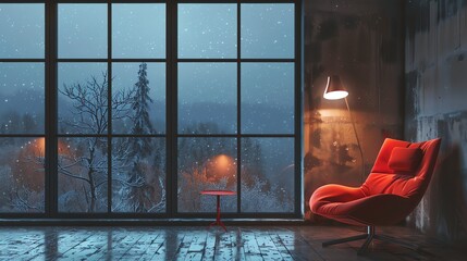 A vibrant red chair positioned by a window overlooking a tranquil snowy forest.  