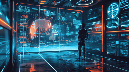 Poster - futuristic technology wallpaper with augmented reality holograms, digital tech background 