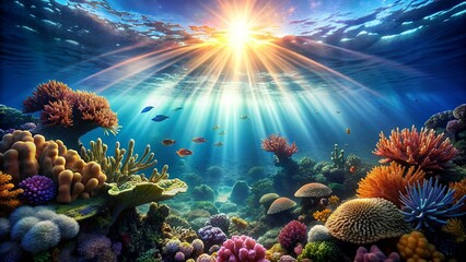 Wall Mural - Underwater world scene. Coral reef and sun ray shining through clean ocean water. (Created with Generative AI technology)