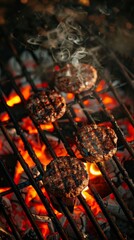 Wall Mural - Grilled burger patties on flaming barbecue grill, close-up shot. Summer barbecue and cooking concept