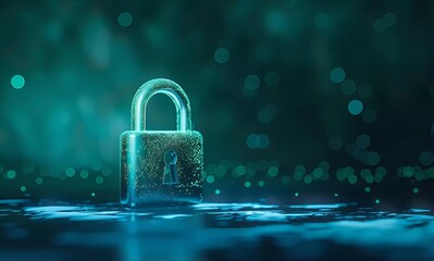 Poster - 3D illustration of a green padlock icon on a blue digital background, shown in a close-up front side view at a 45 degree angle with a bokeh effect