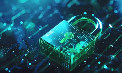Poster - 3D illustration of a green padlock icon on a blue digital background, shown in a close-up front side view at a 45 degree angle with a bokeh effect