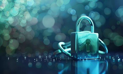 Poster - 3D illustration of a green padlock icon on a blue digital background, shown in a close-up front side view at a 45 degree angle with a bokeh effect