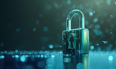 Poster - 3D illustration of a green padlock icon on a blue digital background, shown in a close-up front side view at a 45 degree angle with a bokeh effect
