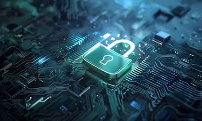 Poster - Digital security concept with a green padlock icon on a blue digital background, symbolizing data protection and cyber safety in the technology environment