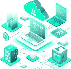 Fototapete - isometric flat illustration of cloud security, white background with teal and green color palette elements in the style of various artists